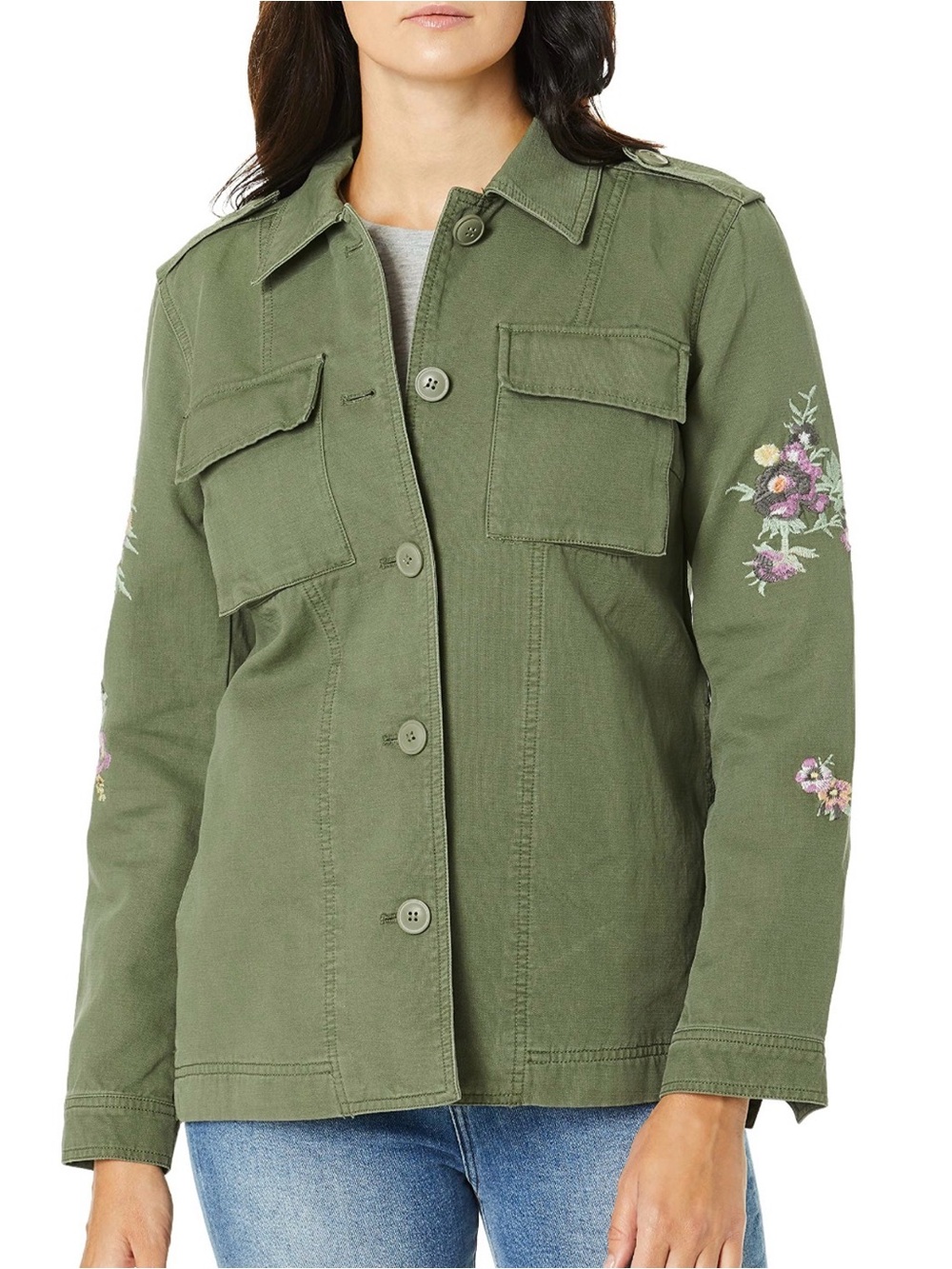 Levi's Olive Green Utility Jacket with Floral Sleeve Embroidery